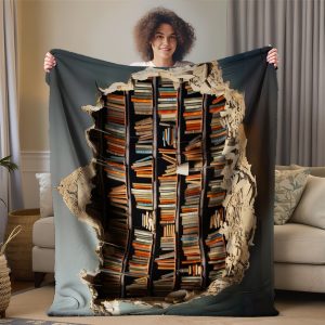 3D Bookshelf Wall Break Blanket - Realistic Library Book Lover Throw, Reading Nook Home Décor, Unique Gift for Readers & Writers
